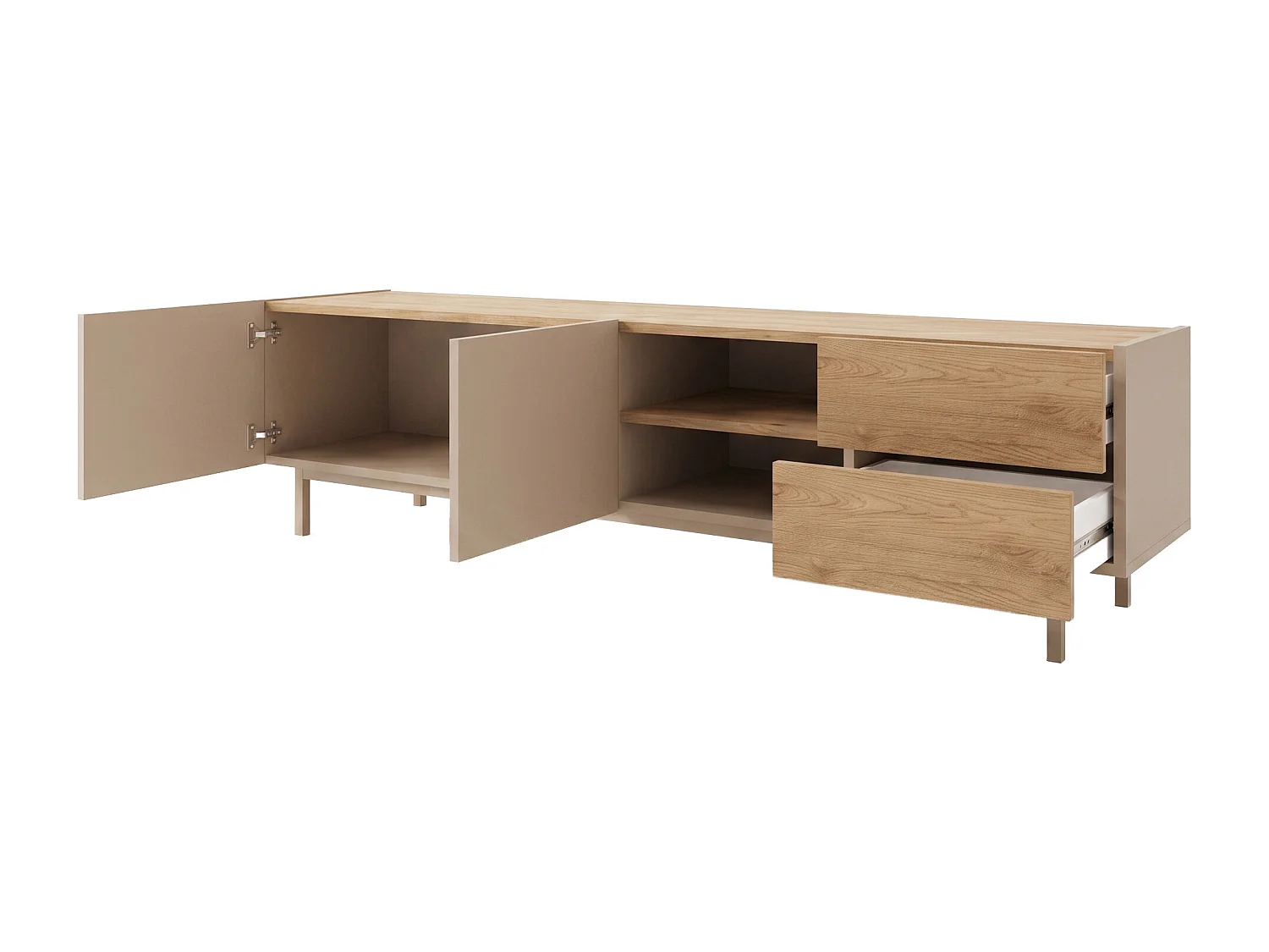 Meuble TV avec 2 portes, 2 tiroirs et 2 niches - Beige et naturel clair - REYALA