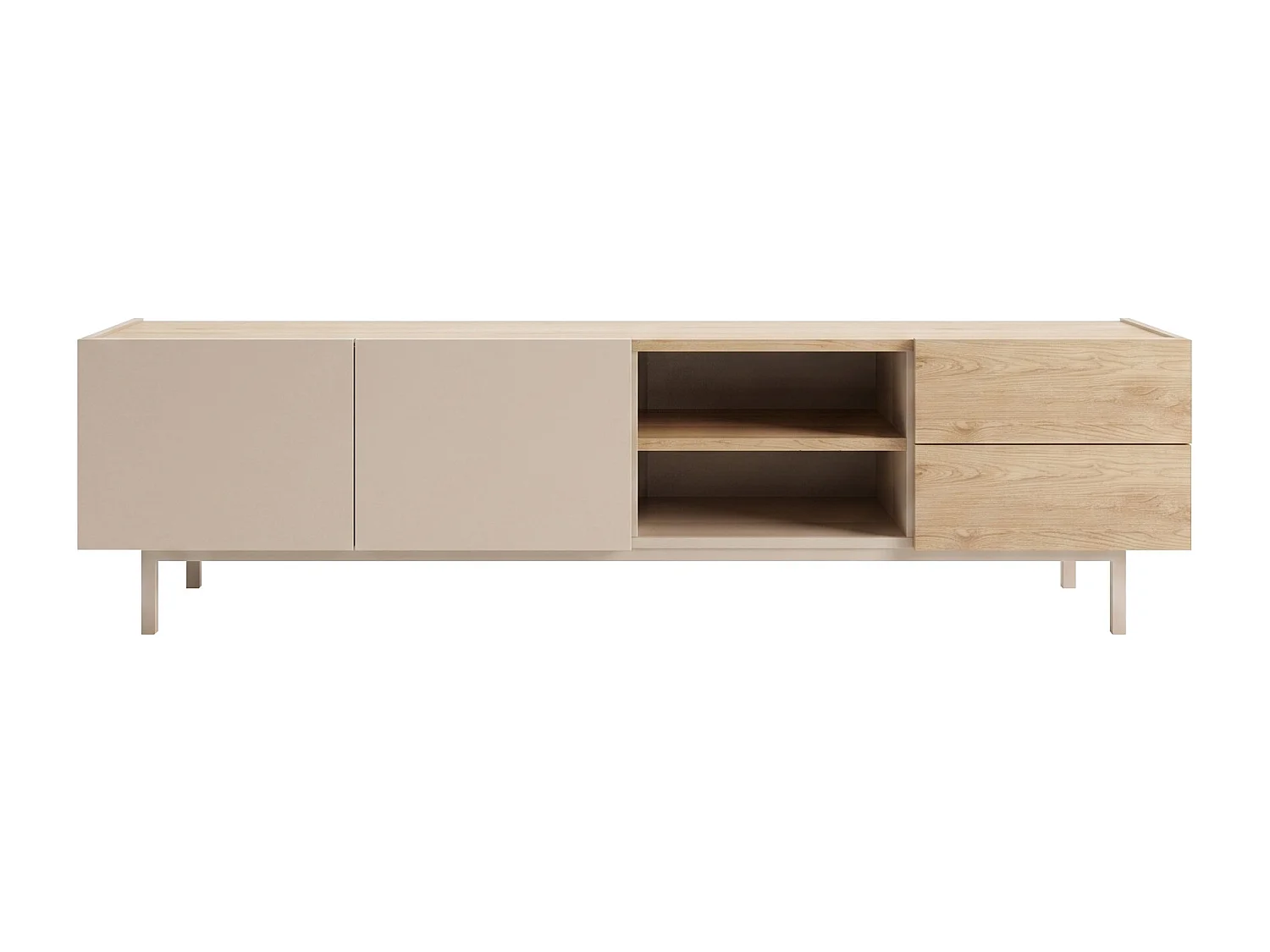 Meuble TV avec 2 portes, 2 tiroirs et 2 niches - Beige et naturel clair - REYALA