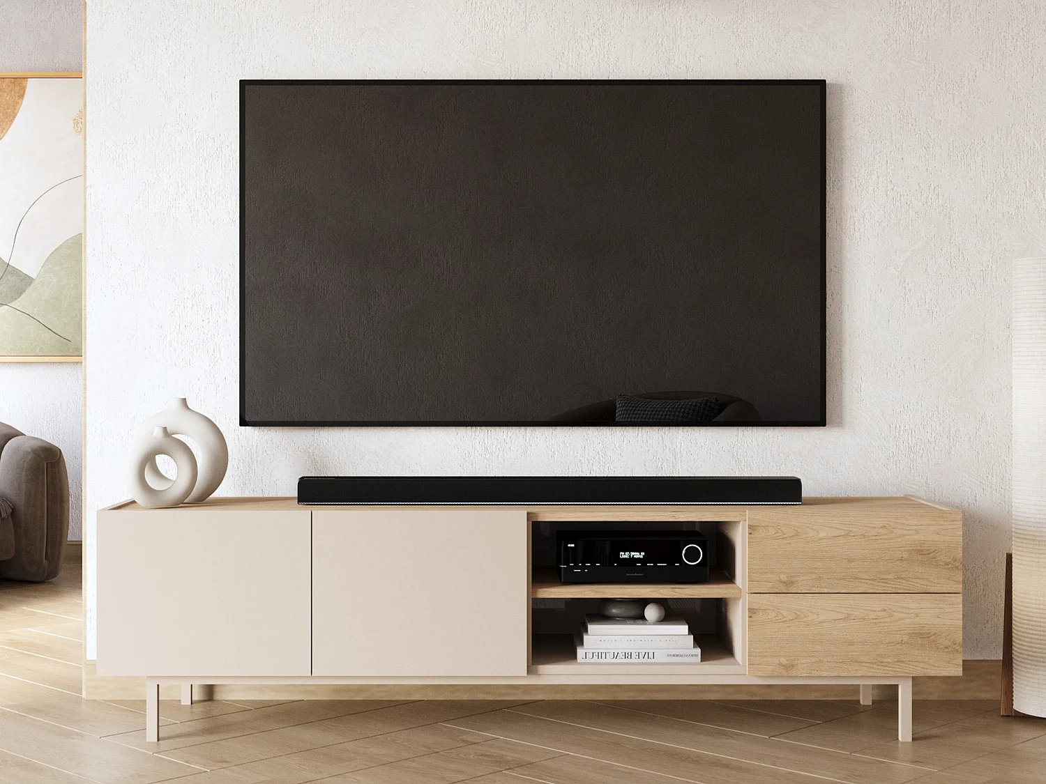 Meuble TV avec 2 portes, 2 tiroirs et 2 niches - Beige et naturel clair - REYALA