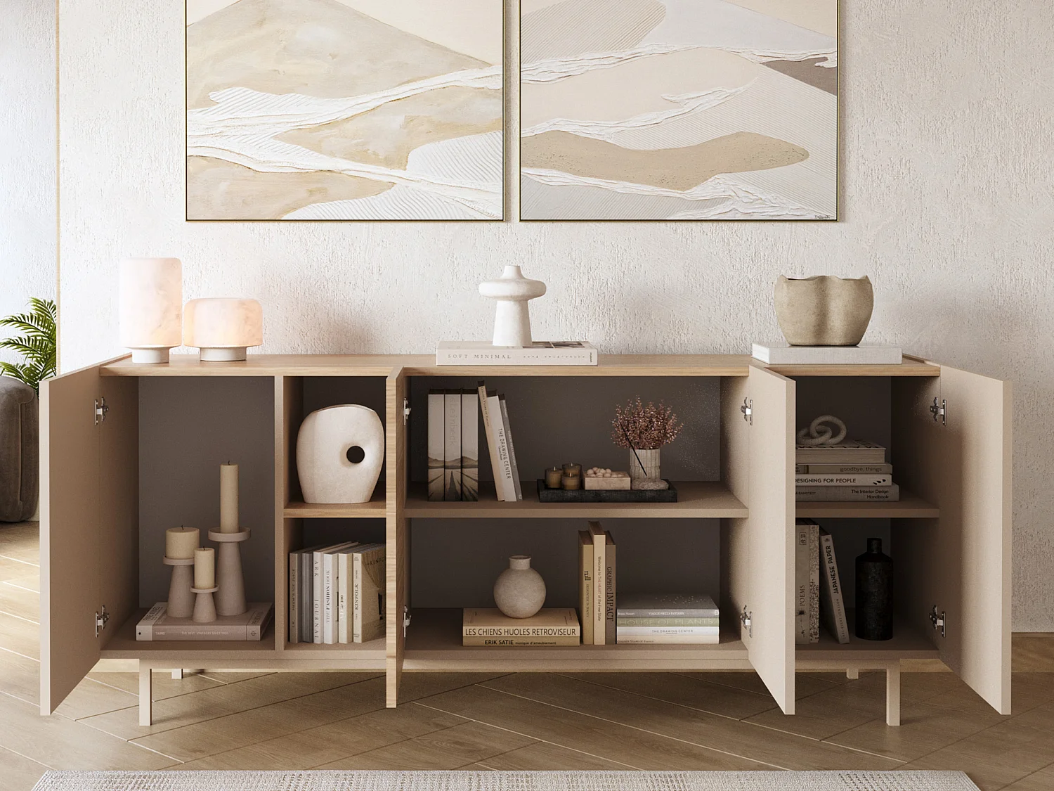 Buffet avec 4 portes et 2 niches - Beige et Naturel clair - REYALA