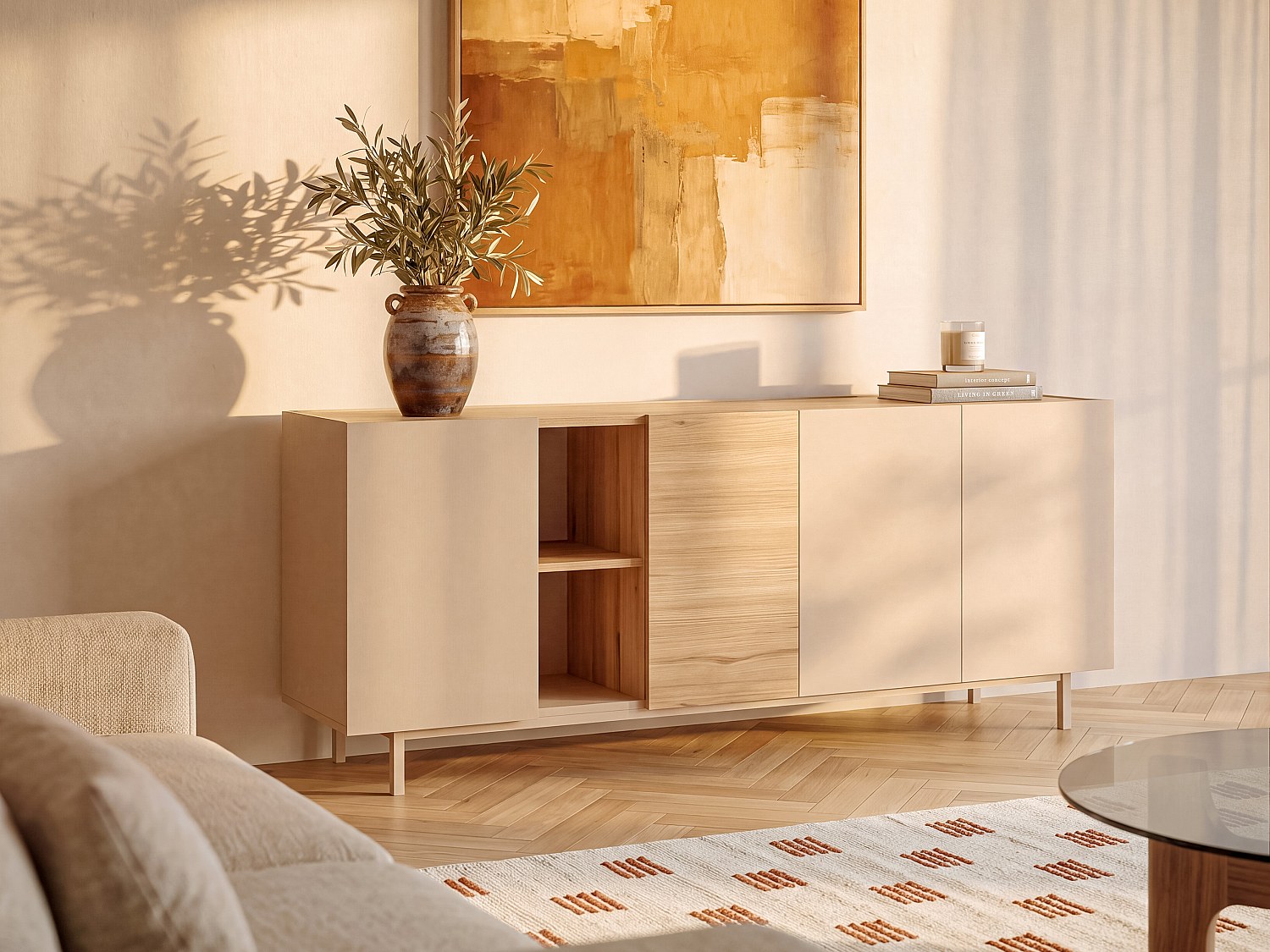 Sideboard mit 4 Türen und 2 Ablagen - Beige und Naturfarben hell - REYALA