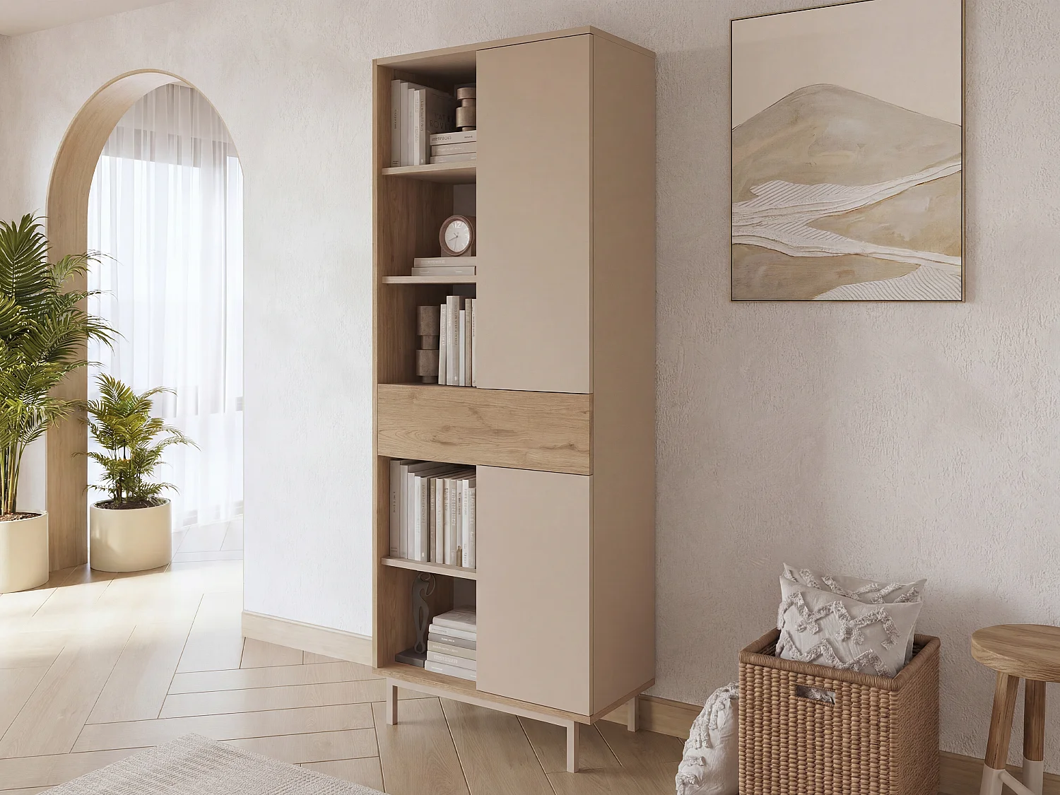 Bibliothèque avec 2 portes, 1 tiroir et 5 niches - Beige et Naturel clair - REYALA