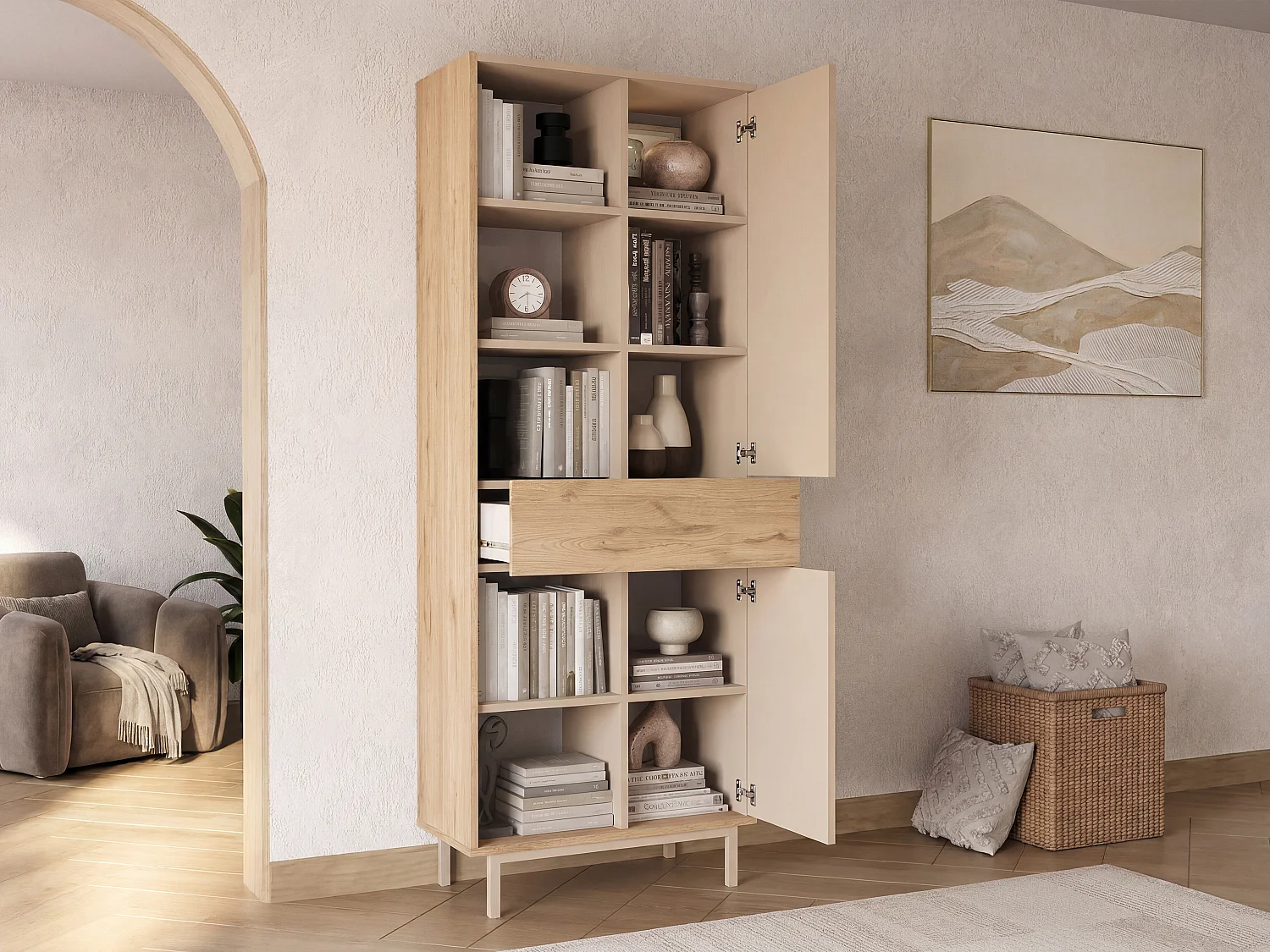 Bibliothèque avec 2 portes, 1 tiroir et 5 niches - Beige et Naturel clair - REYALA