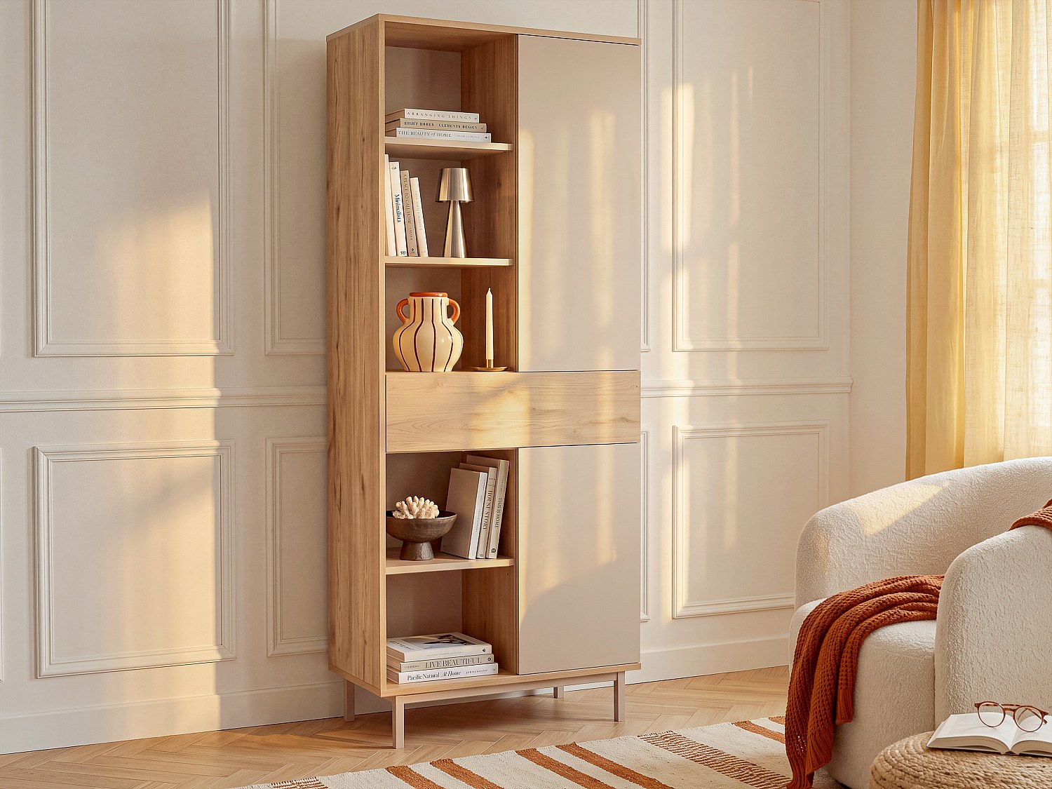 Bücherregal mit 2 Türen, 1 Schublade und 5 Ablagen - Beige und Naturfarben hell - REYALA