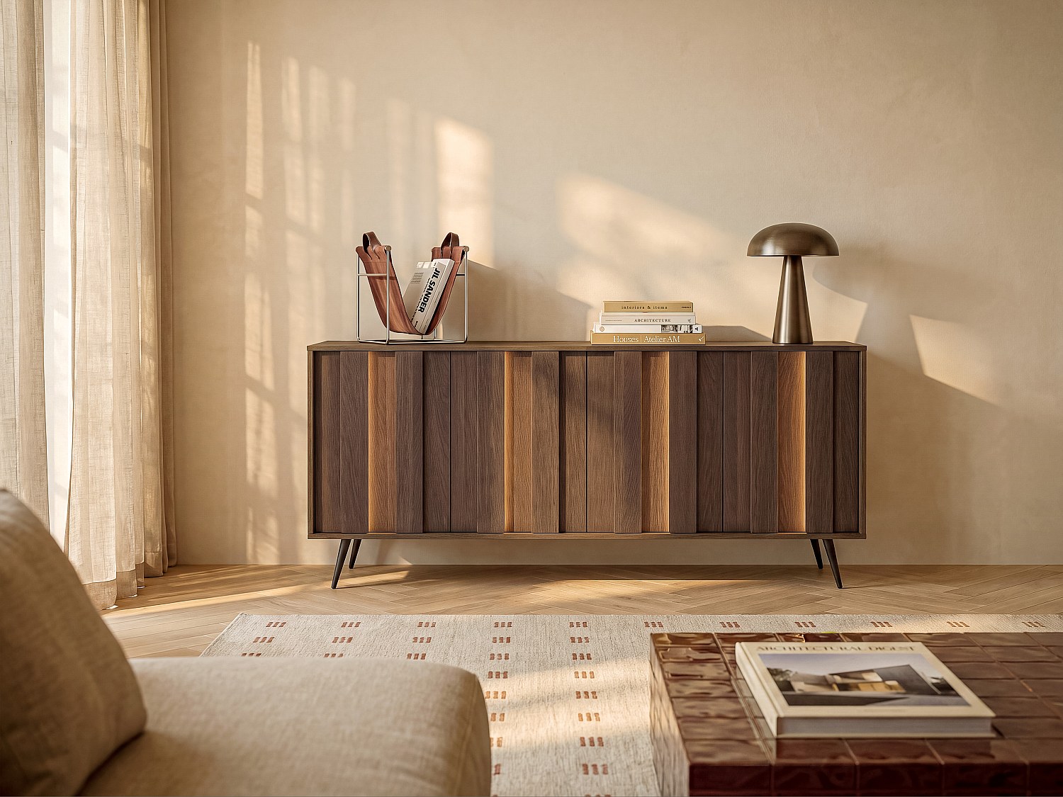 Sideboard mit 4 Türen und LED-Beleuchtung aus MDF - Naturfarben dunkel und Schwarz KALSIYA