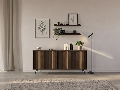 Skjenk med 4 dører og LED i MDF - Mørk natur og Svart KALSIYA