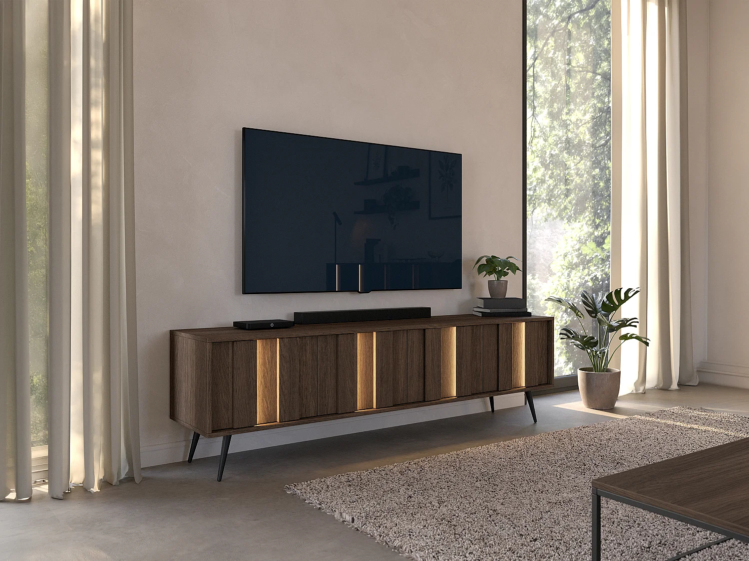Meuble TV 4 portes avec LEDs en MDF - Naturel foncé et Noir - KALSIYA