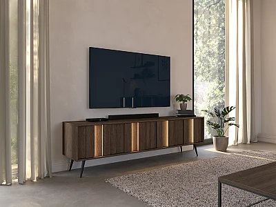 TV-møbel med 4 dører og LED i MDF - Mørk natur og Svart KALSIYA