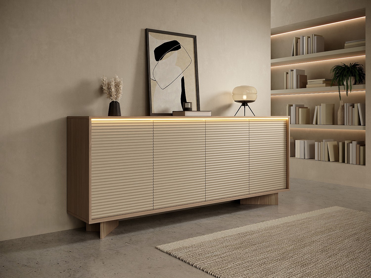Sideboard mit 4 Türen, LED-Beleuchtung und MDF - Beige und Naturfarben hell MAYRONA