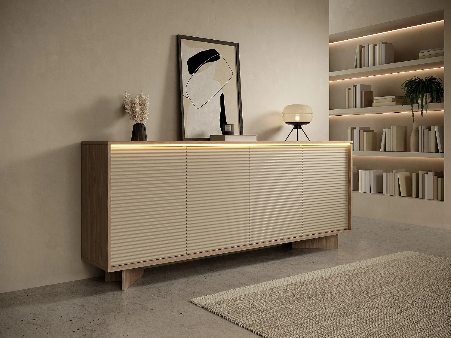 Buffet 4 portes avec LEDs en MDF - Beige et Naturel clair - MAYRONA