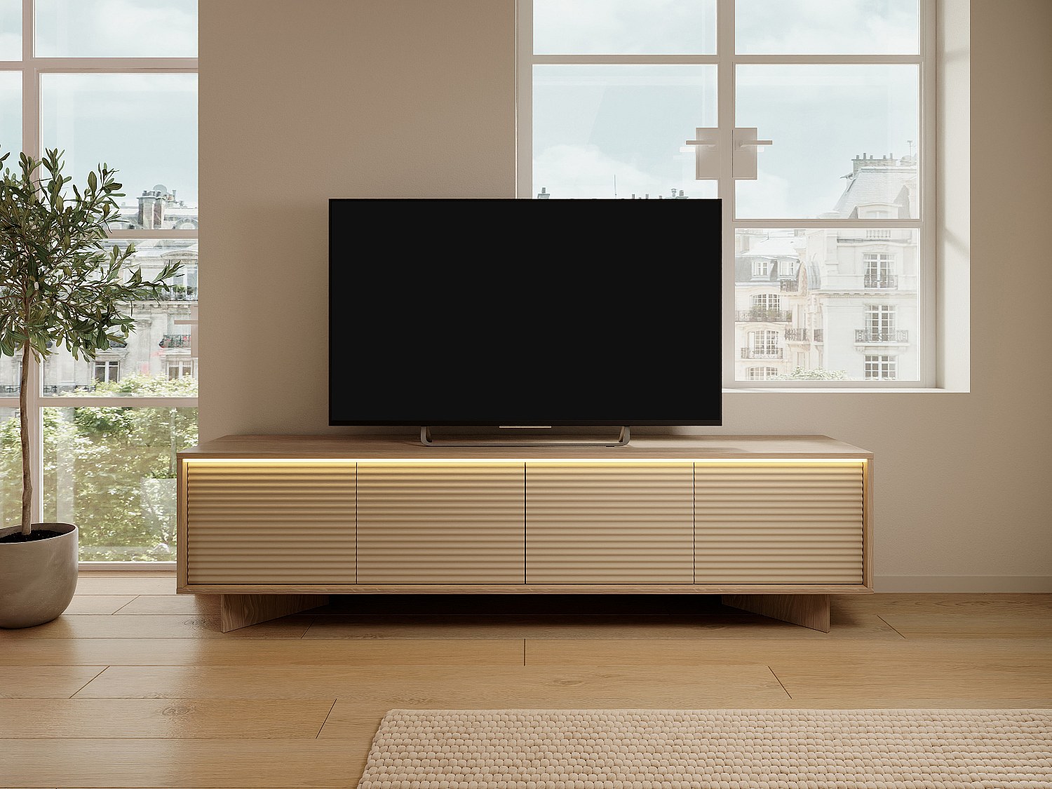 TV-Schrank mit 4 Türen und LED-Beleuchtung aus MDF - Beige und Naturfarben hell MAYRONA