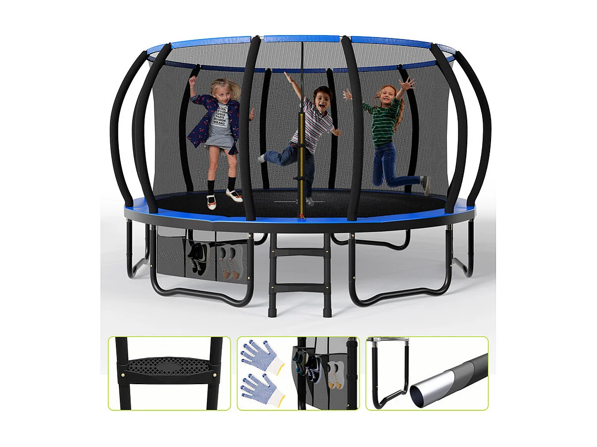 Trampoline de jardin enfant Ø228/305/366/434cm avec filet de sécurité, certification GS, bâche de protection, design Citrouille, trampoline extérieur sécurisé.