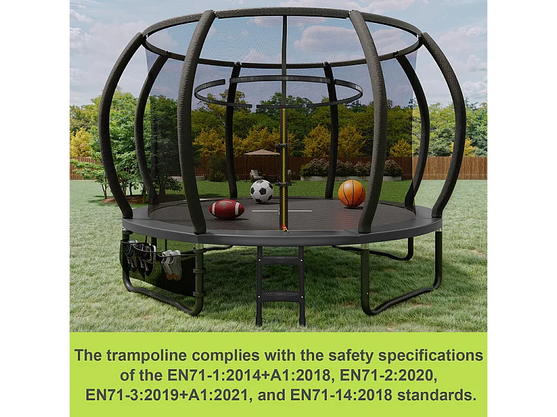 Trampoline de jardin enfant Ø228/305/366/428cm avec filet de sécurité, certification GS, bâche de protection, design Citrouille, trampoline extérieur sécurisé.