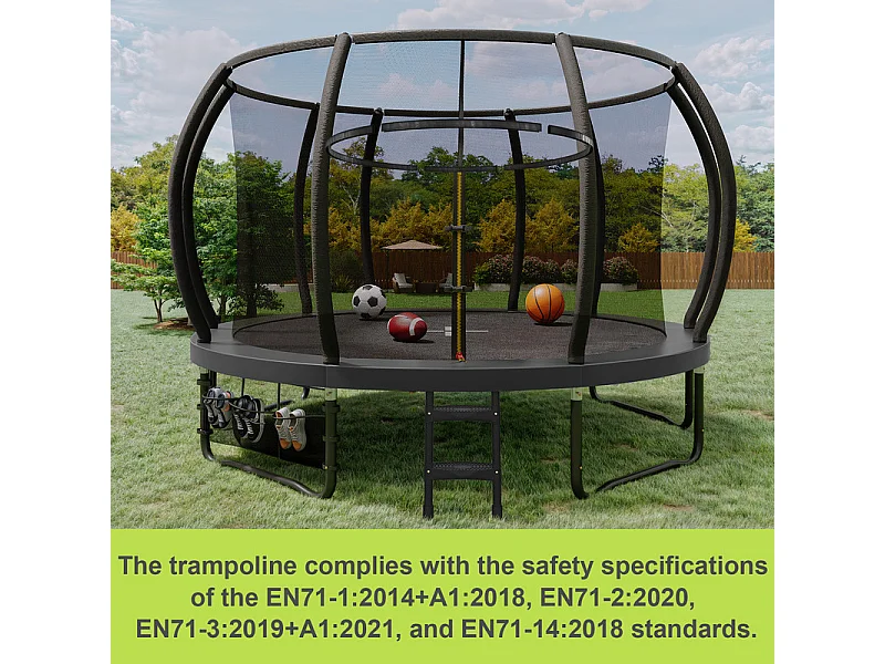 Trampoline de jardin enfant Ø228/305/366/429cm avec filet de sécurité, certification GS, bâche de protection, design Citrouille, trampoline extérieur sécurisé.