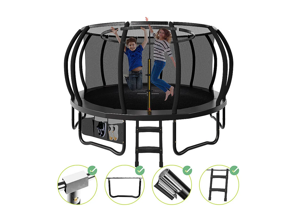Trampoline de jardin enfant Ø228/305/366/430cm avec filet de sécurité, certification GS, bâche de protection, design Citrouille, trampoline extérieur sécurisé.