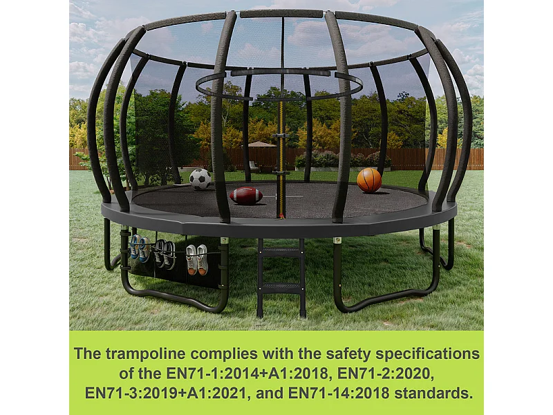 Trampoline de jardin enfant Ø228/305/366/430cm avec filet de sécurité, certification GS, bâche de protection, design Citrouille, trampoline extérieur sécurisé.