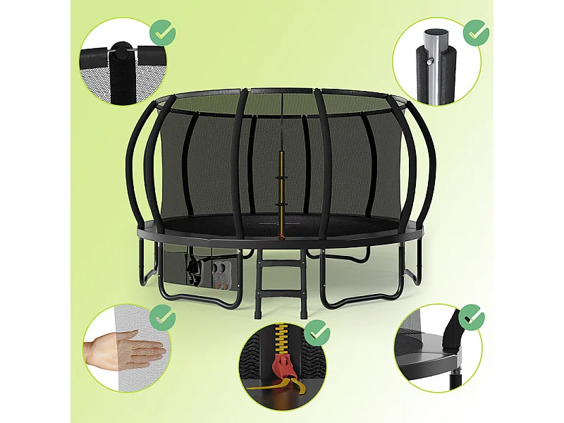Trampoline de jardin enfant Ø228/305/366/430cm avec filet de sécurité, certification GS, bâche de protection, design Citrouille, trampoline extérieur sécurisé.