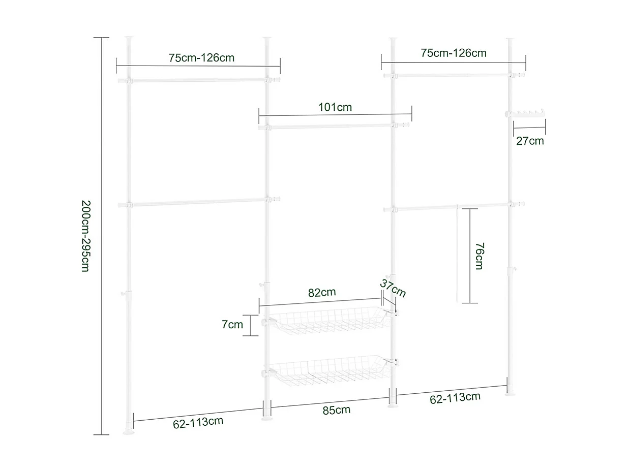 SoBuy Cabide de pé com 2 prateleiras Branco 62x75x200cm Minimalista KLS04-II-W