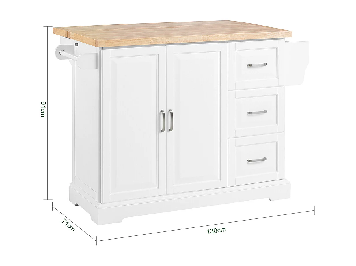 SoBuy Köksö med 3 lådor Vit 130x71x91cm Klassisk FKW41-II-NW