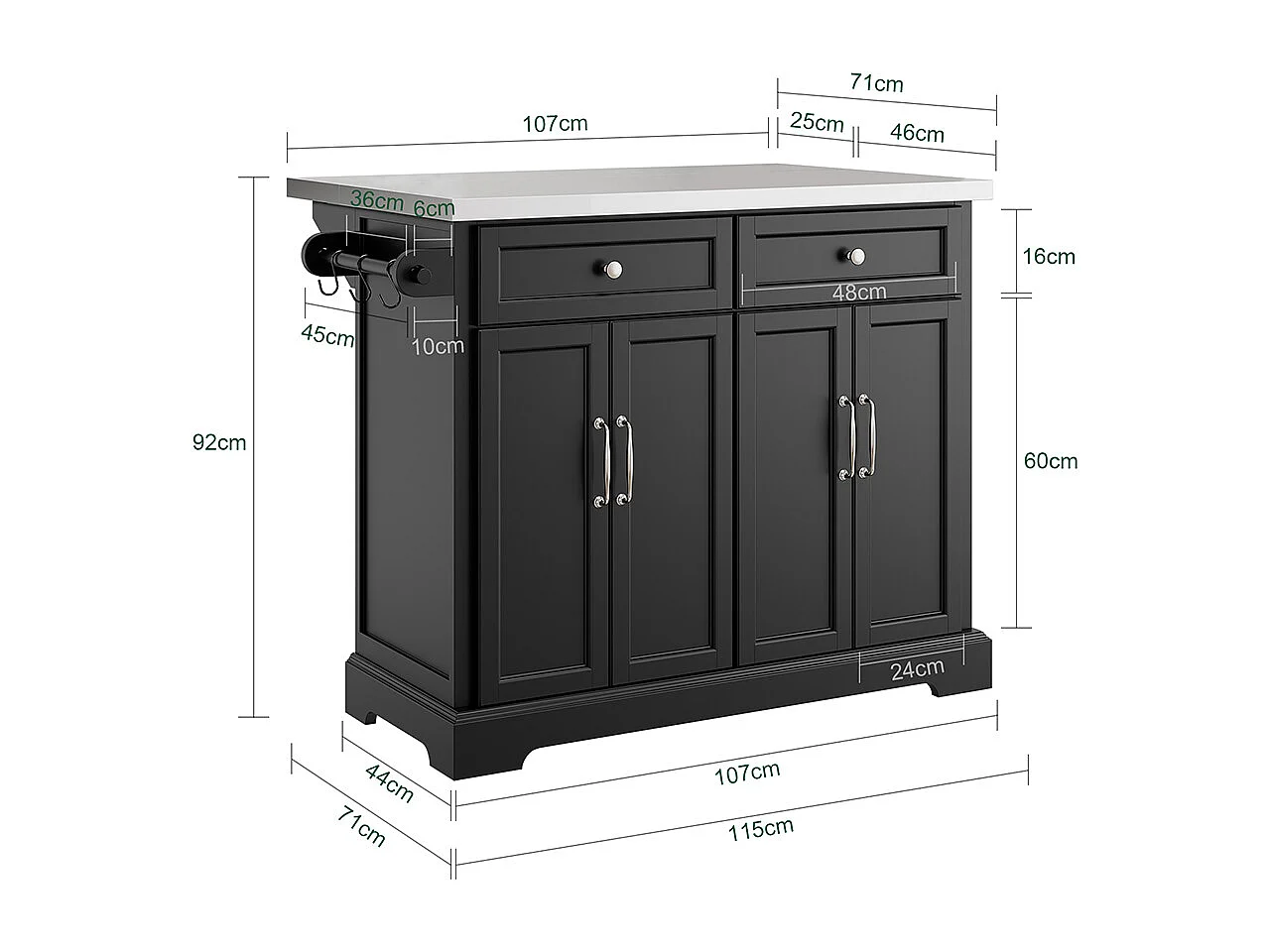 SoBuy Köksö med 2 lådor Svart 107x71x92cm Klassisk FKW71-II-SCH