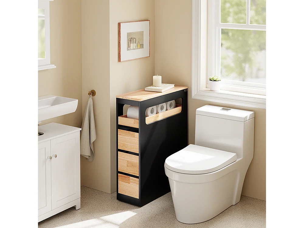 Slim Bathroom Side Cabinet - 3 Drawers & Open Shelf - Modern
