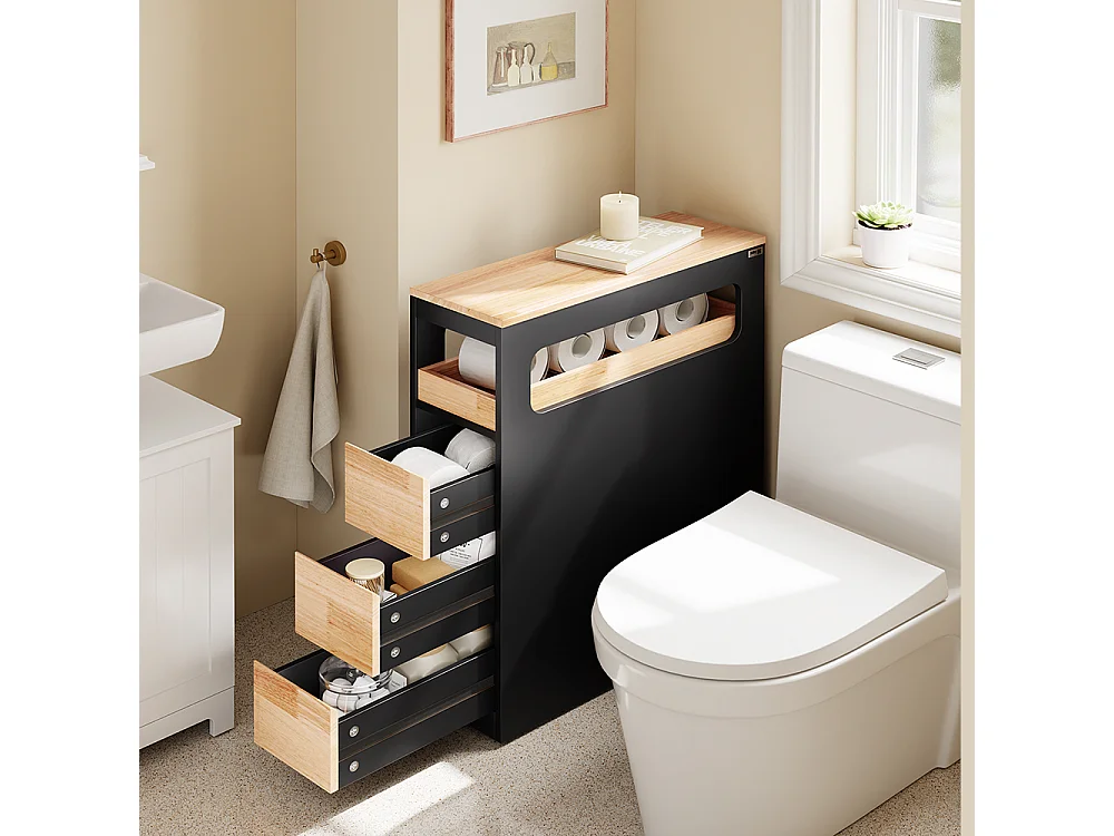 Slim Bathroom Side Cabinet - 3 Drawers & Open Shelf - Modern