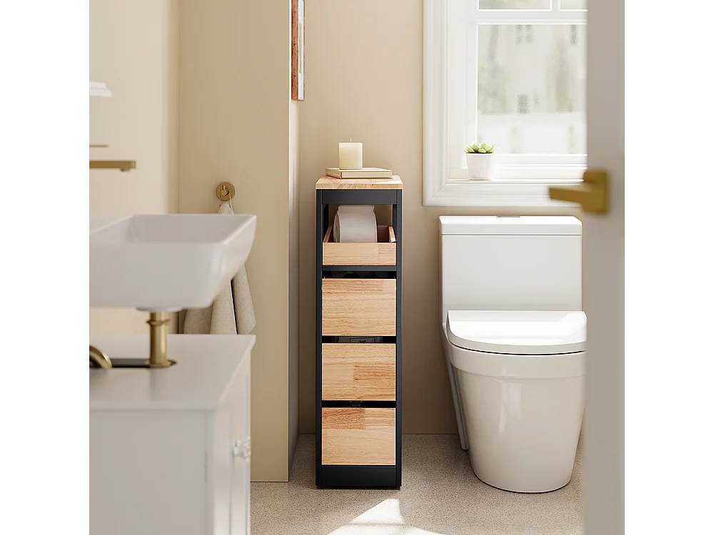 Slim Bathroom Side Cabinet - 3 Drawers & Open Shelf - Modern