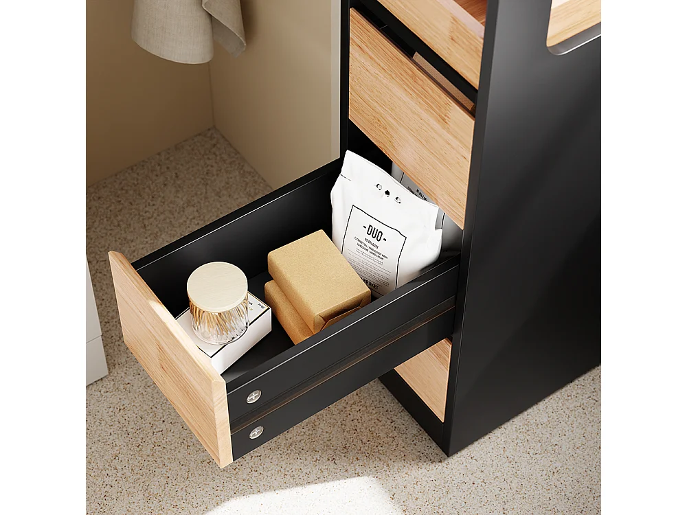 Slim Bathroom Side Cabinet - 3 Drawers & Open Shelf - Modern
