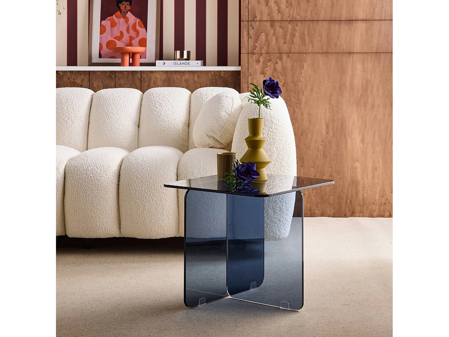 Mesita cuadrada de cristal templado azul gris