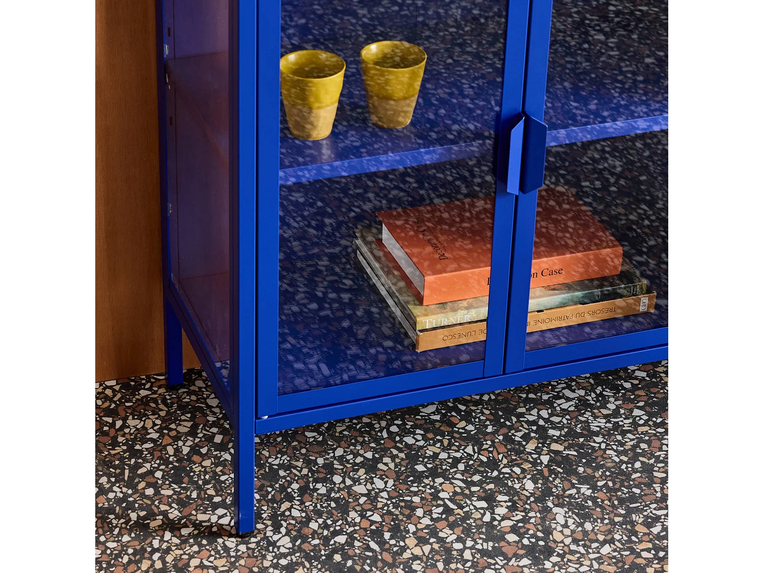 Buffet industriel métal et verre trempé 3 portes 100cm bleu - Arkansas