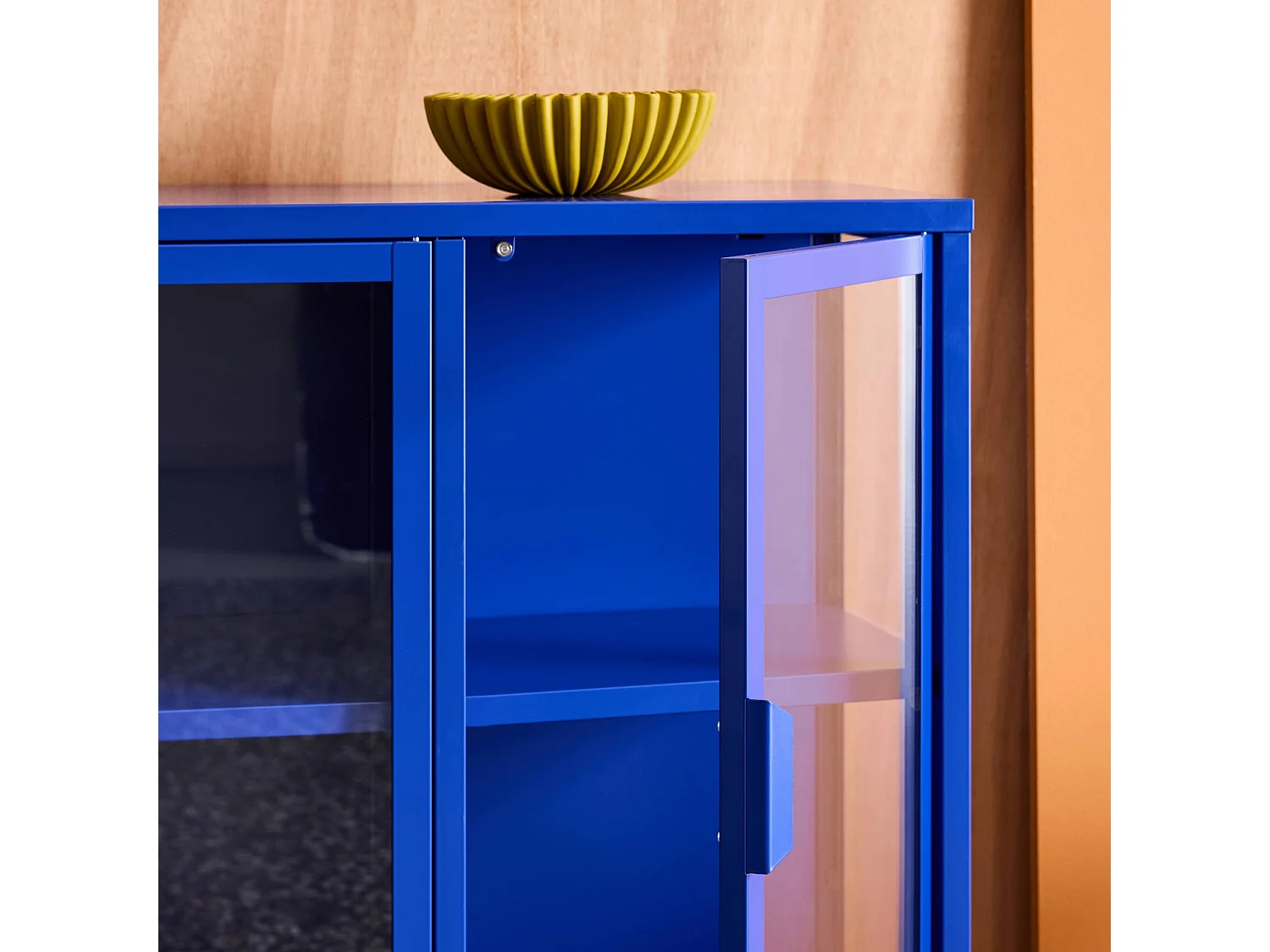 Buffet industriel métal et verre trempé 3 portes 100cm bleu - Arkansas