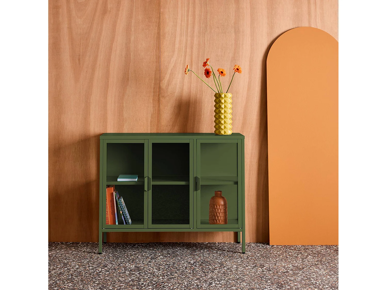 Aparador industrial de metal y vidrio templado 3 puertas, 100cm