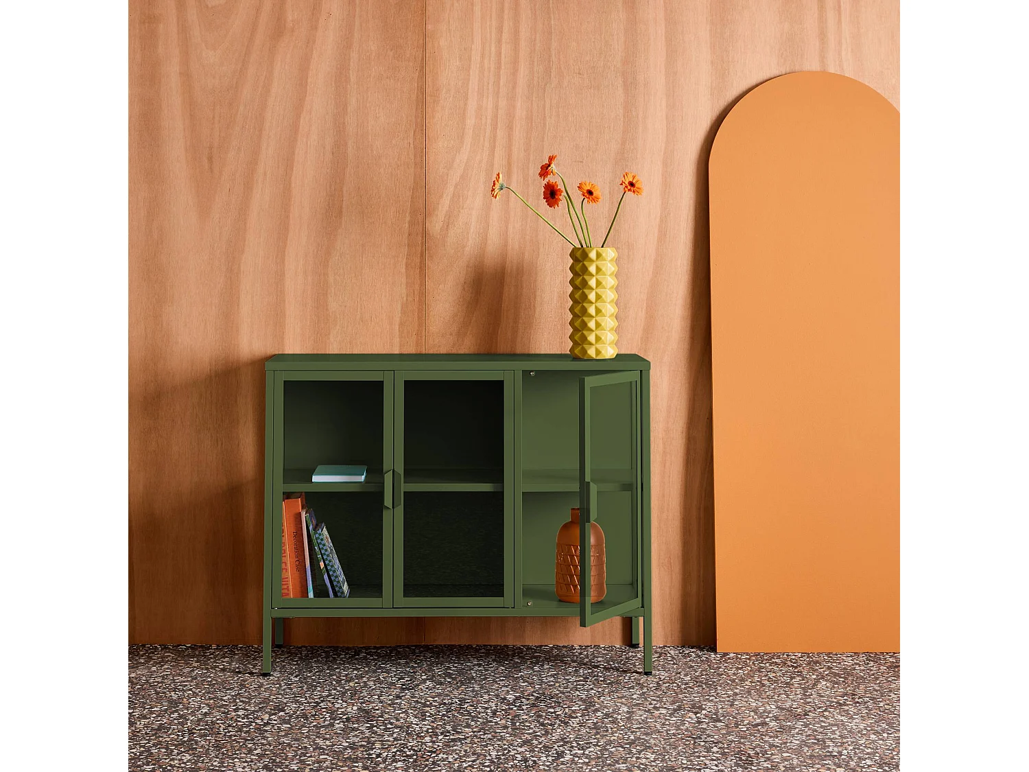 Aparador industrial de metal y vidrio templado 3 puertas, 100cm