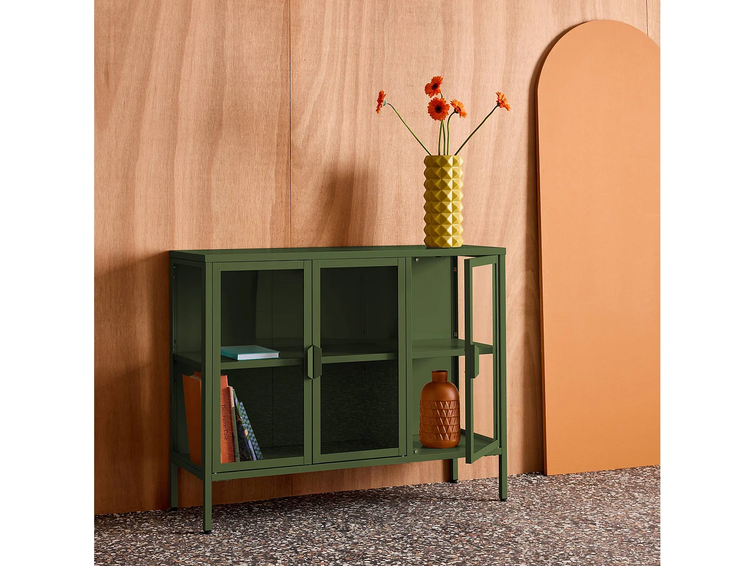 Aparador industrial de metal y vidrio templado 3 puertas, 100cm