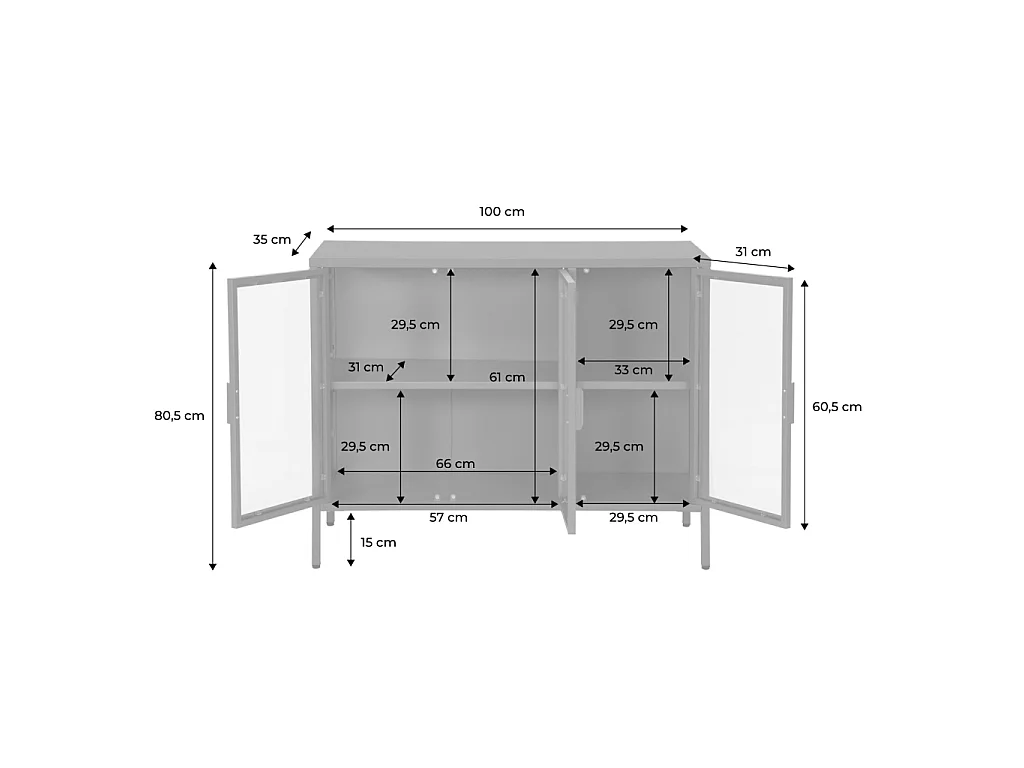 Aparador industrial de metal y vidrio templado 3 puertas, 100cm verde
