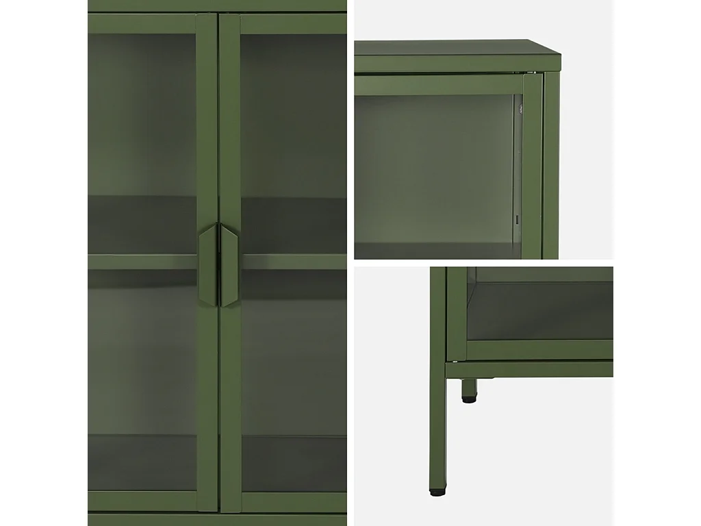Aparador industrial de metal y vidrio templado 3 puertas, 100cm verde