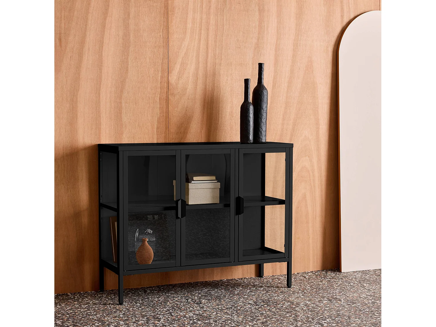 Aparador industrial de metal y vidrio templado 3 puertas, 100cm