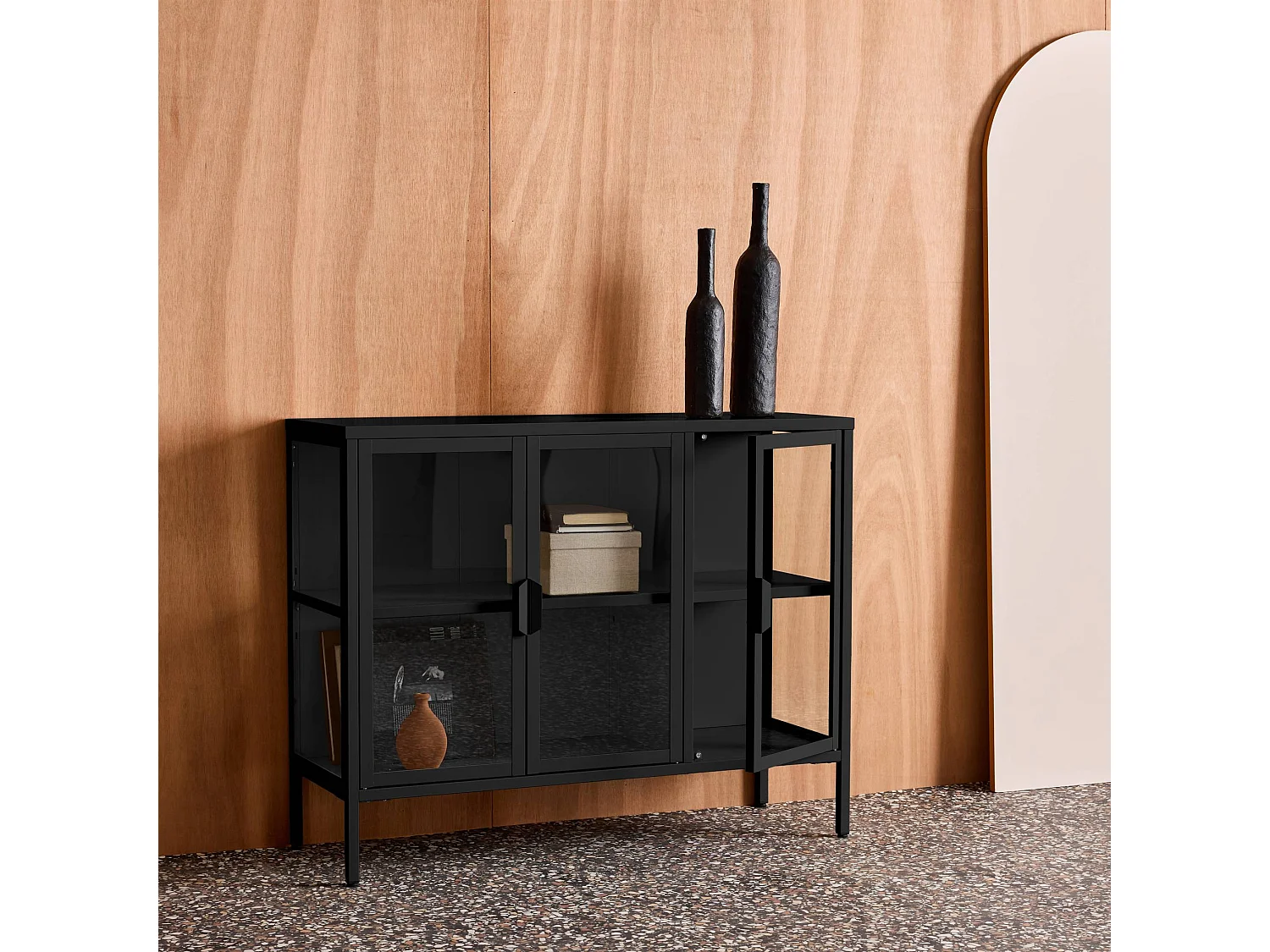 Aparador industrial de metal y vidrio templado 3 puertas, 100cm