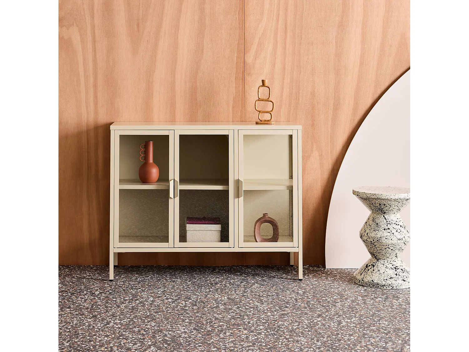 Buffet industriel métal et verre trempé 3 portes 100cm beige - Arkansas