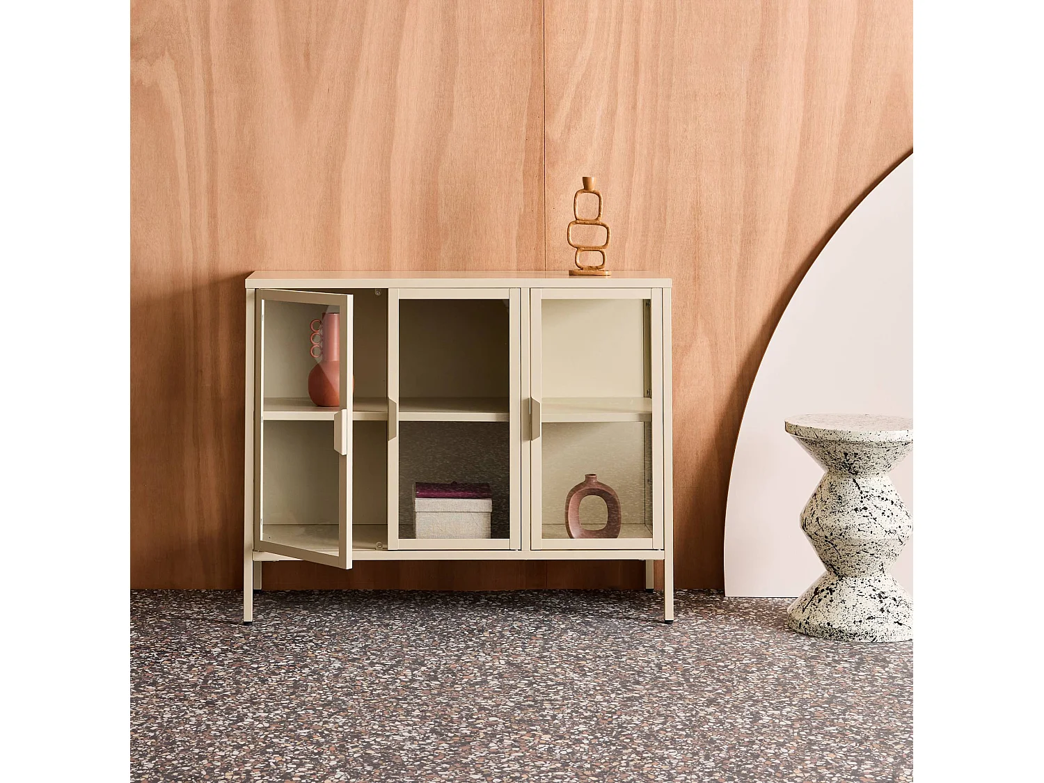 Buffet industriel métal et verre trempé 3 portes 100cm beige - Arkansas