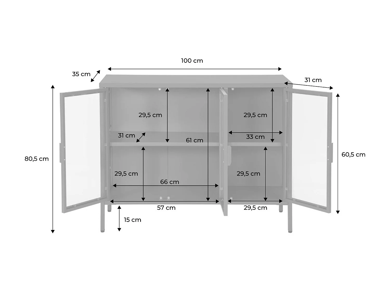 Buffet industriel métal et verre trempé 3 portes 100cm beige - Arkansas