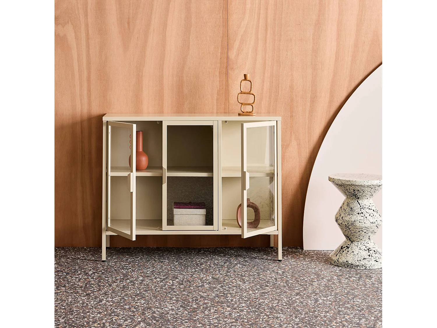 Buffet industriel métal et verre trempé 3 portes 100cm beige - Arkansas