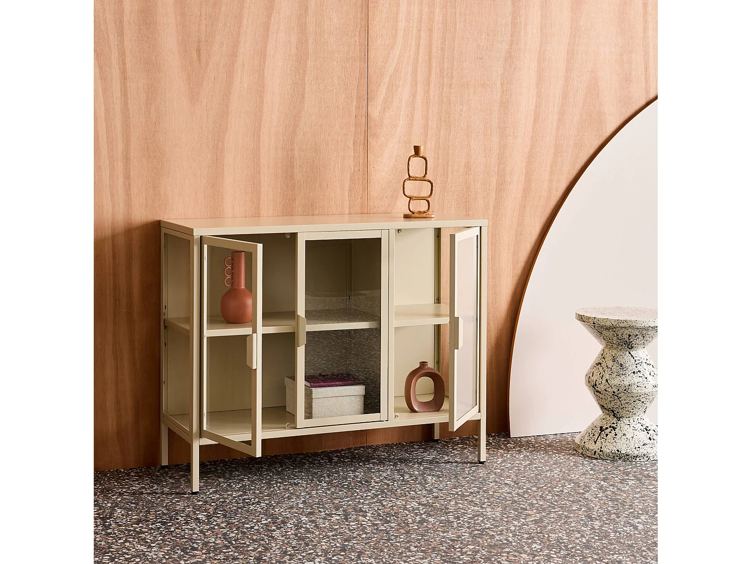 Buffet industriel métal et verre trempé 3 portes 100cm beige - Arkansas