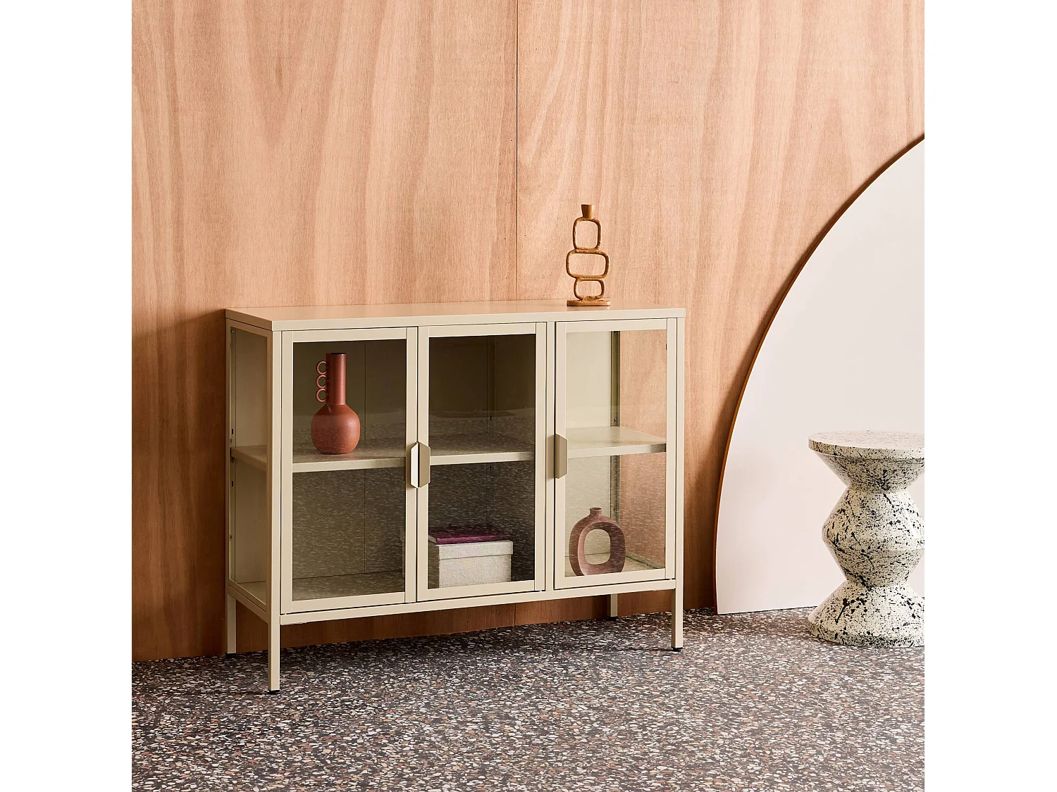 Buffet industriel métal et verre trempé 3 portes 100cm beige - Arkansas