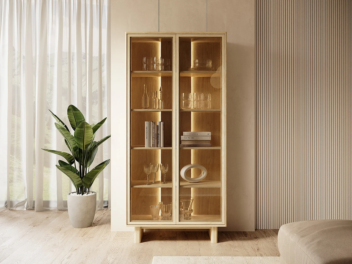 Vitrine 2 portes avec LEDS en MDF et verre trempé - Naturel clair - TERLONA