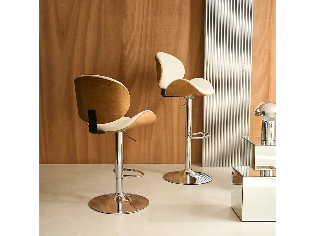 Taburete de bar ajustable curvado en polipiel, set de 2 roble