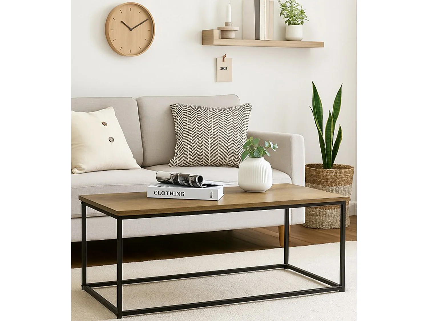 Mesa de centro de estilo industrial 40x90x48 cm con tablero efecto roble en beige Kraft