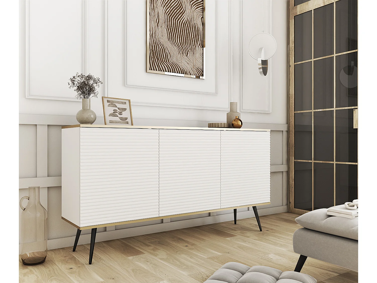 Komoda: biała, nogi czarne, 160 x 85 x 39 cm, fronty ryflowane