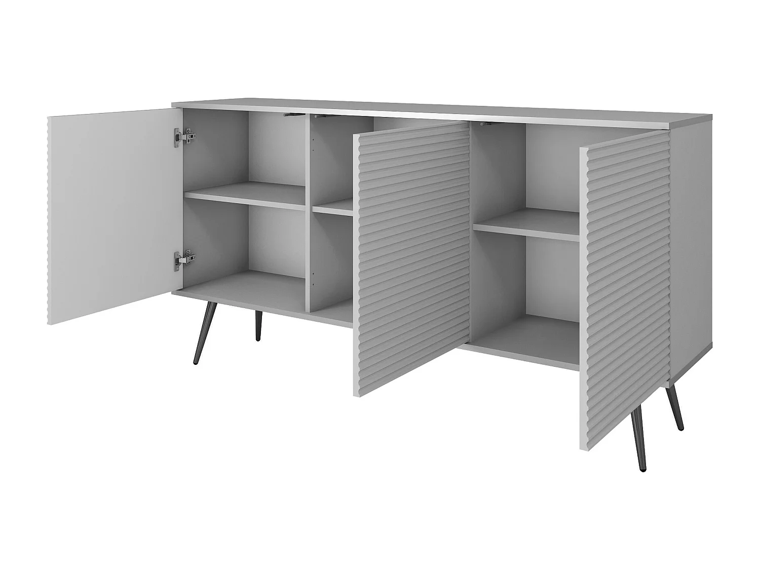 Komoda: biała, nogi czarne, 160 x 85 x 39 cm, fronty ryflowane