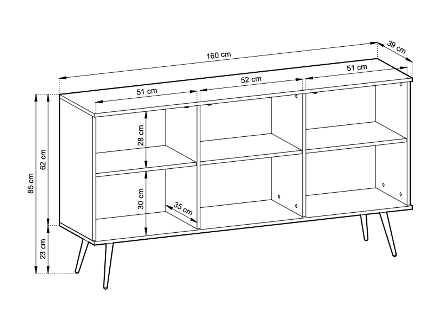 Komoda: biała, nogi czarne, 160 x 85 x 39 cm, fronty ryflowane